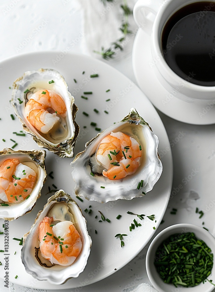 Four oysters topped with shrimp, garnished with chives, served on a white plate. A cup of coffee and a small bowl of chives are also in the frame. Four oysters topped with shrimp, garnished with chives, served on a white plate. A cup of coffee and a small bowl of chives are also in the frame.