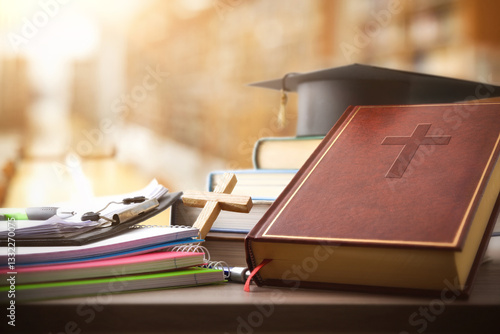 Bible books and supplies for Catholic education in a library