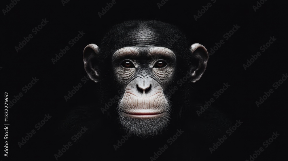 Chimpanzee portrait, close-up of a chimp's face with expressive eyes, highlighting intelligence and curiosity, dark background. Chimpanzee portrait, close-up of a chimp's face with expressive eyes, highlighting intelligence and curiosity, dark background.