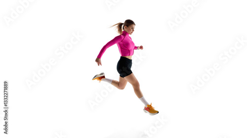 Professional sportswoman in running action, demonstrating speed, endurance, and control against white studio background. Concept of athletics, sport, endurance, fitness, healthy lifestyle. Ad