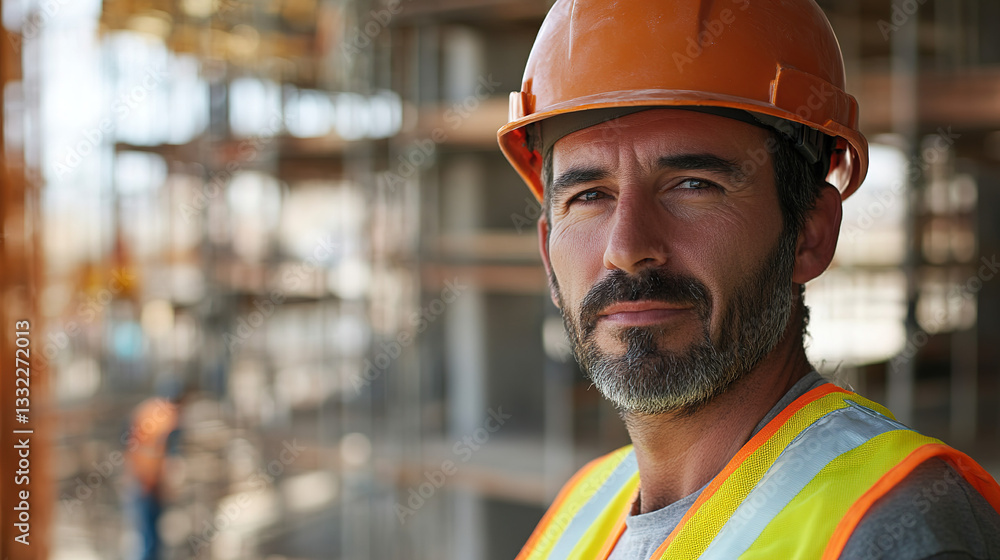 Construction worker in safety gear, focused and determined, with a blurred worksite behind. Dedication and resilience in modern industry. Construction worker in safety gear, focused and determined, with a blurred worksite behind. Dedication and resilience in modern industry.