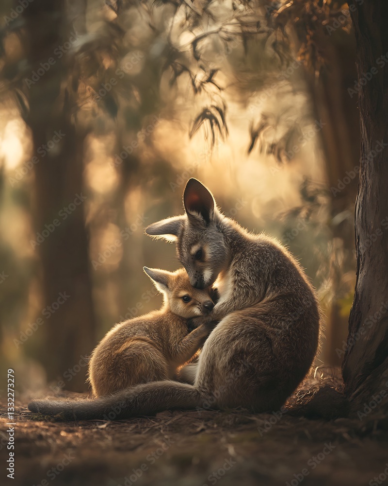 Obraz premium Mother Agile Wallaby tenderly grooming her joey shade of eucalyptus tree their fur softly illuminated dappled light filtering through canopy telephoto lens capture fine texture of their fur blurred