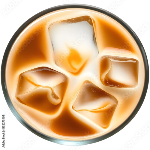 A close-up view of a glass filled with iced coffee featuring ice cubes and creamy swirls.