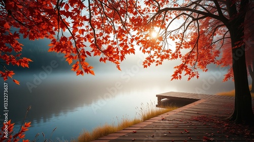 An autumn scene with vibrant orange and red leaves on tree branches framing a calm lake, a rustic wooden deck or table in the foreground, and blurred autumn foliage reflecting in the water
