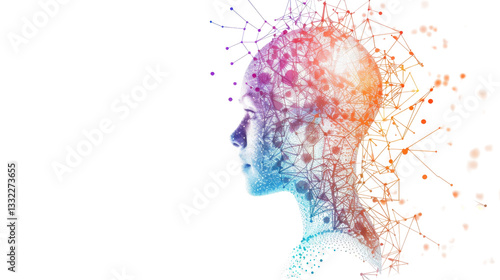 Artificial intelligence: human head transforming into colorful network on transparent background