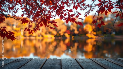 An autumn scene with vibrant orange and red leaves on tree branches framing a calm lake, a rustic wooden deck or table in the foreground, and blurred autumn foliage reflecting in the water