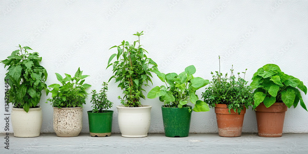 Fototapeta premium Seven Potted Plants Against White Wall