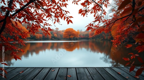 An autumn scene with vibrant orange and red leaves on tree branches framing a calm lake, a rustic wooden deck or table in the foreground, and blurred autumn foliage reflecting in the water