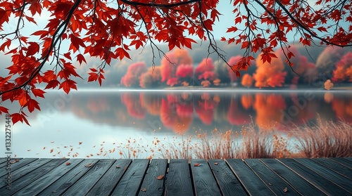 An autumn scene with vibrant orange and red leaves on tree branches framing a calm lake, a rustic wooden deck or table in the foreground, and blurred autumn foliage reflecting in the water
