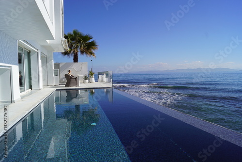 Interiror design details at a luxury beach villa by the Mediterranean Ocean