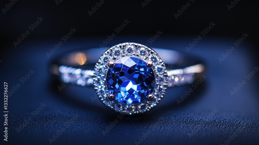 A mesmerizing tanzanite gemstone ring with a halo of diamonds, glowing under bright lighting. A mesmerizing tanzanite gemstone ring with a halo of diamonds, glowing under bright lighting.