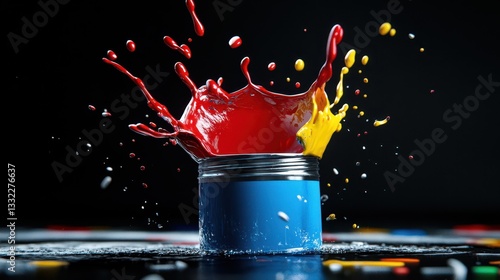 This image captures a can of paint bursting open, with colorful splashes demonstrating the joy of creativity and the spontaneous nature of artistic expression in a striking way.