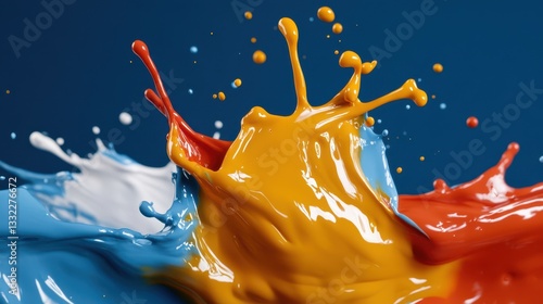 An overhead shot of paint splashes merging colorfully signifies the fusion of creativity and abstract concepts, reflecting the beauty of artistic expression and innovation.