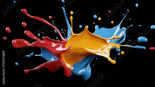 This image features a stunning explosion of vividly colored paint splatters in red, blue, and yellow, creating an energetic and dynamic visual on a black background.