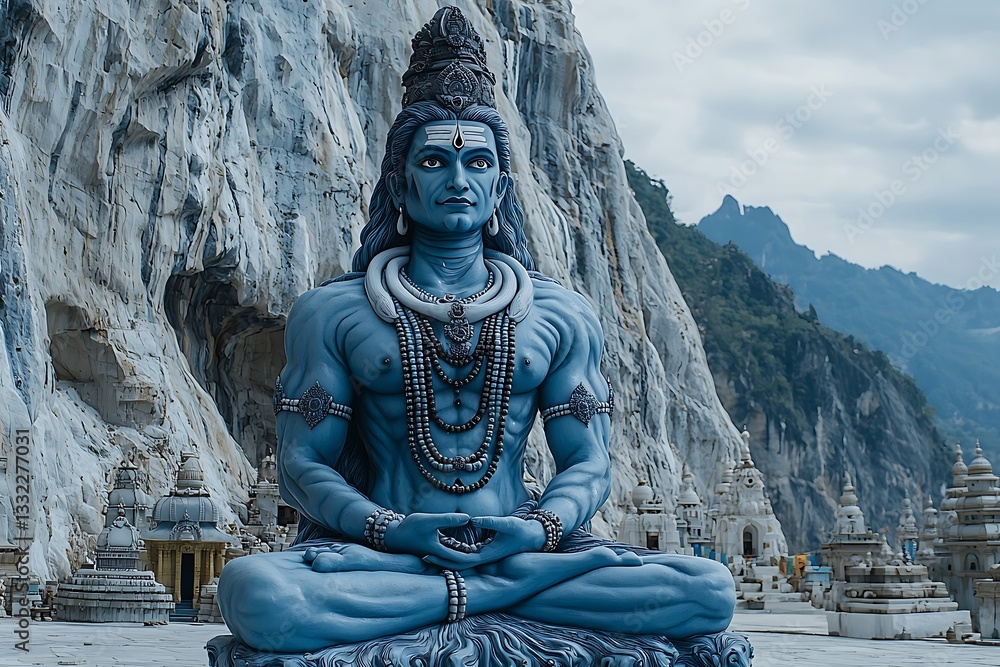 Fototapeta premium Meditative Shiva statue, mountain temple