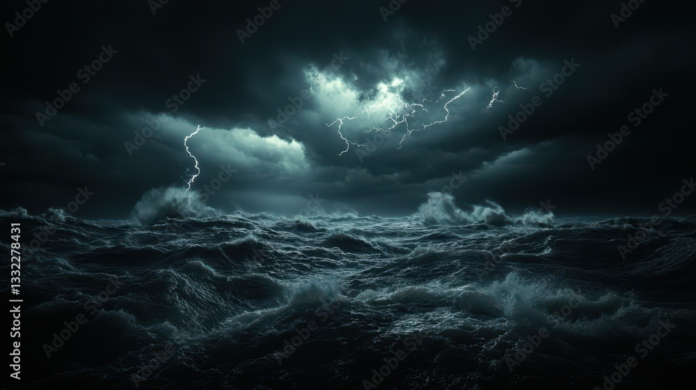 Fototapeta premium This dramatic image captures a turbulent ocean under a stormy sky, illuminated by sudden flashes of lightning, depicting nature's wild and powerful forces.
