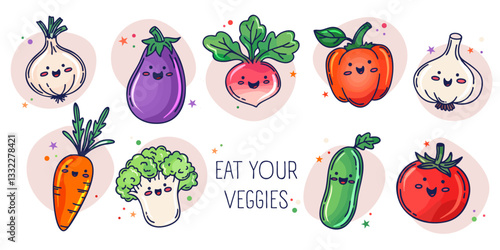 Vector set of cute vegetables. "Eat your veggies" poster design for market, vegen cafe