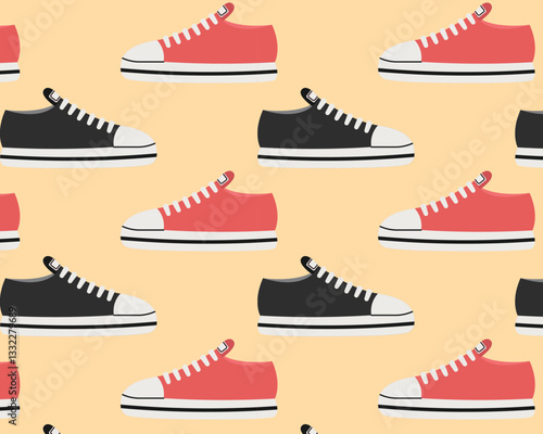 Black and red sneakers. Vector seamless pattern