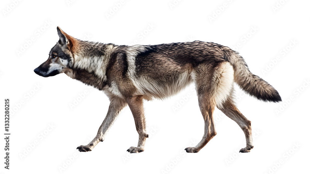 Obraz premium Wolf walking in urban environment animal photography white background wildlife concept realistic viewpoint