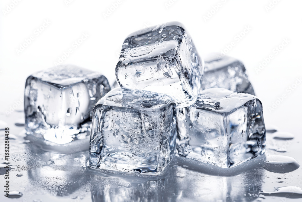 Clear ice cubes melting on a mirrored surface, reflecting shapes and colors in a captivating display. Clear ice cubes melting on a mirrored surface, reflecting shapes and colors in a captivating display.
