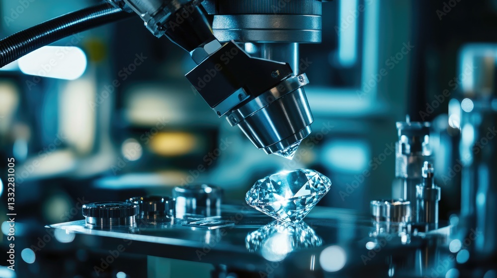 A precision diamond cutting machine shaping a raw gemstone with fine laser technology in a high-tech workshop. A precision diamond cutting machine shaping a raw gemstone with fine laser technology in a high-tech workshop.