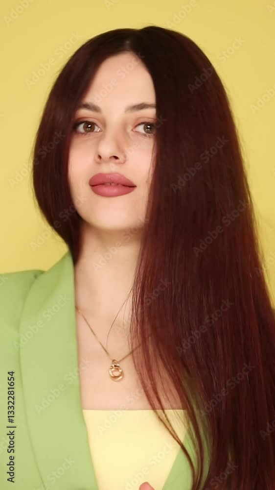 Beautiful model in green suit winking against yellow background Beautiful model in green suit winking against yellow background