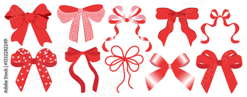 Red ribbon bow set . Decorative gift bows, festive holiday elements. Perfect for greeting cards, packaging, and Christmas or birthday designs