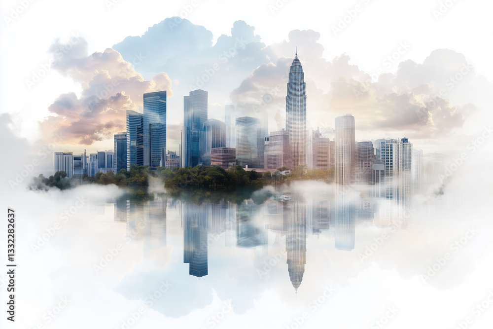 Fototapeta premium vibrant skyline of Southeast Asian city with modern skyscrapers reflecting in water, surrounded by mist and clouds, creating serene atmosphere