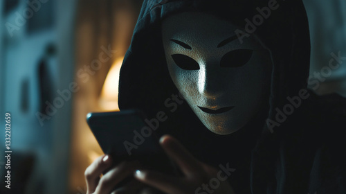 Wallpaper Mural A hacker in white anonymous face mask and hoody holding a smartphone try to scamming on online social media network.
 Torontodigital.ca