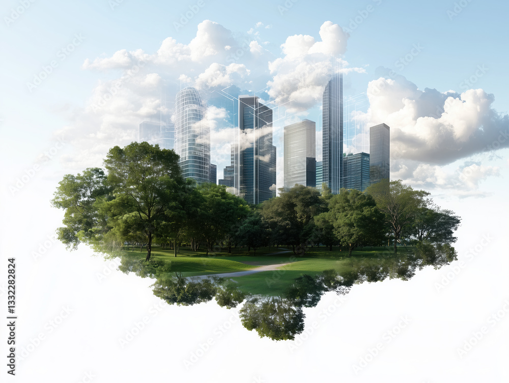 Fototapeta premium vibrant cityscape blending modern skyscrapers with lush greenery, showcasing harmonious balance between urban and natural elements. scene evokes sense of tranquility and innovation