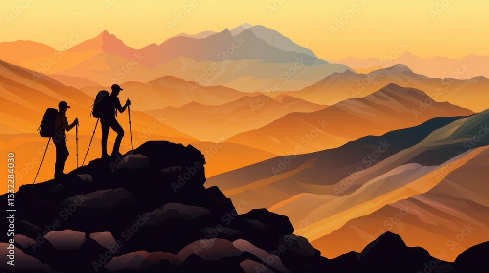 Fototapeta premium Minimalist vector illustration of two hikers silhouetted against a scenic mountain landscape, perfect for camping and outdoor adventure themes.