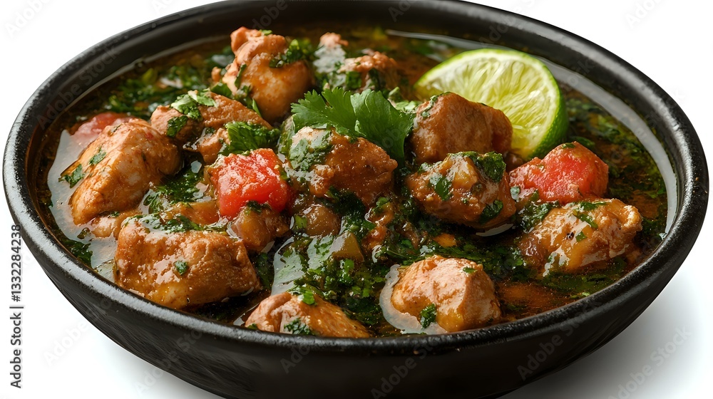 Spicy chicken stew with fresh herbs, lime, and tomatoes served in black ceramic bowl. Traditional hot meal with tender meat pieces in savory sauce. Spicy chicken stew with fresh herbs, lime, and tomatoes served in black ceramic bowl. Traditional hot meal with tender meat pieces in savory sauce.