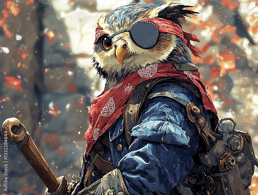 One-eyed Owl Warrior in Autumn Woods One-eyed Owl Warrior in Autumn Woods