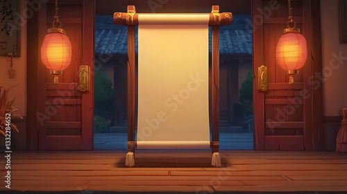 Blank Scroll UI With Lanterns And Wooden Frame In A Pixel Art Asian Style Home Interior