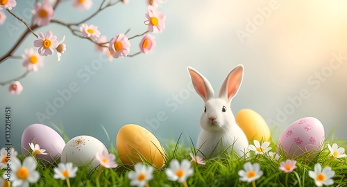 Adorable Easter Bunny with Colorful Eggs in Spring Grass - Easter Celebration Scene
