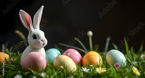 Adorable Easter Bunny with Colorful Eggs in Spring Grass - Easter Celebration Scene