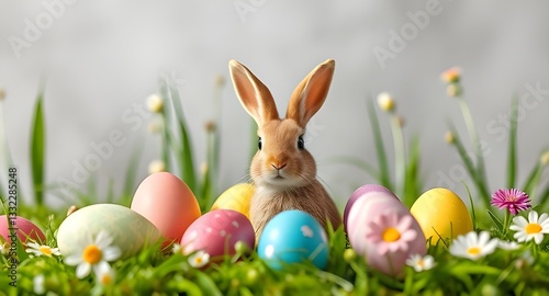 Adorable Easter Bunny with Colorful Eggs in Spring Grass - Easter Celebration Scene