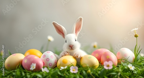 Adorable Easter Bunny with Colorful Eggs in Spring Grass - Easter Celebration Scene