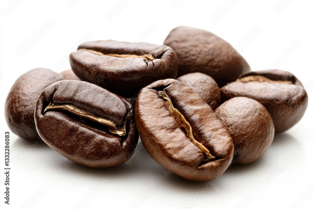 Coffee beans scattered on white background, highlighted and textured, creating a rich and aromatic visual composition. Coffee beans scattered on white background, highlighted and textured, creating a rich and aromatic visual composition.