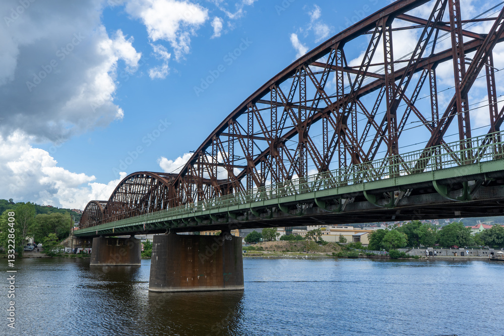 Old railway bridge and Vltava river in Prague Old railway bridge and Vltava river in Prague