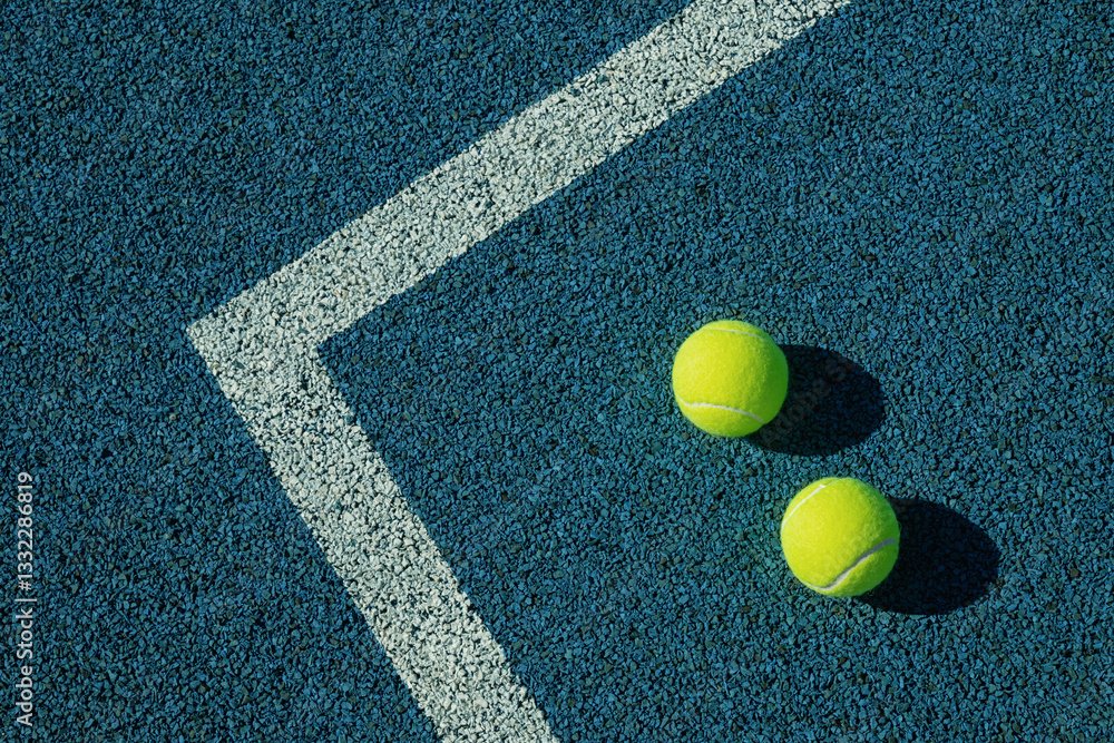 Two tennis balls with hard sunny shadow on blue tennis court with artificial covering. View from above. Sports background.