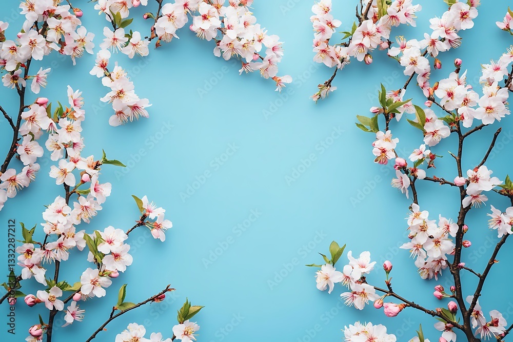 Fototapeta premium Spring blossom frame on blue background.