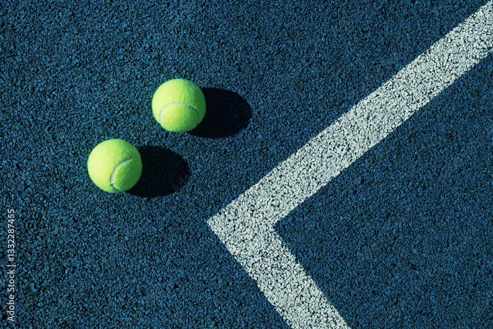 Two tennis balls with white lines on blue tennis court with artificial covering. View from above. Sports background.