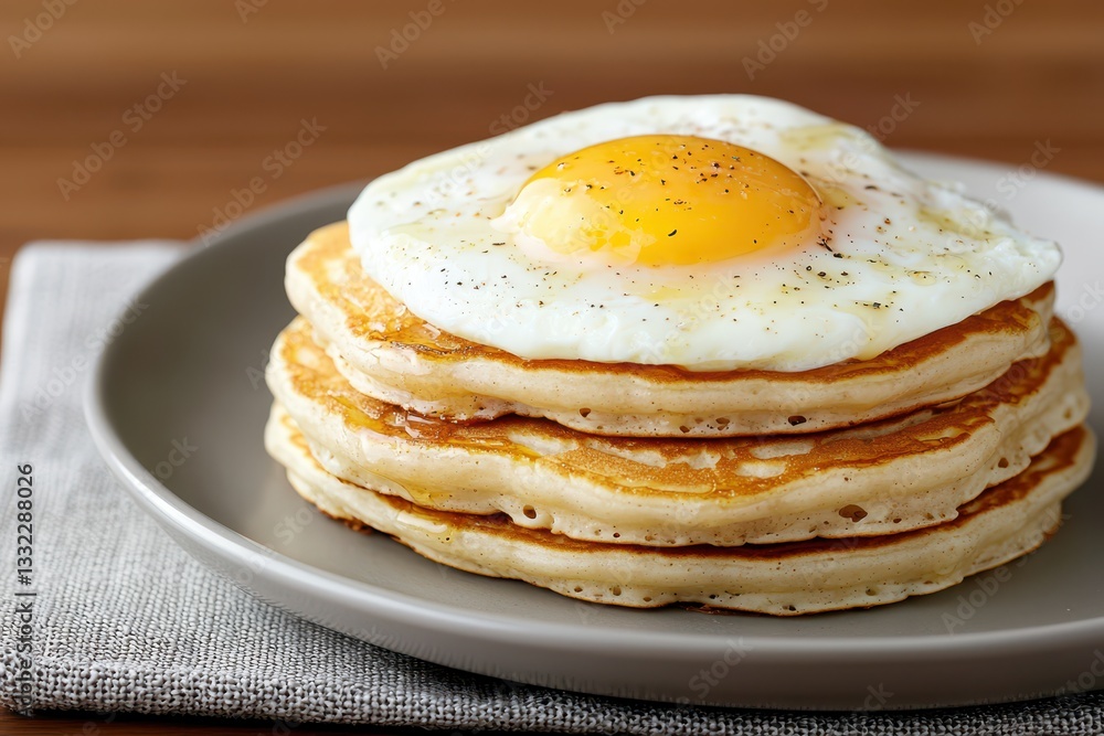 Delicious pancakes with egg kitchen table food photography cozy setting close-up breakfast delight Delicious pancakes with egg kitchen table food photography cozy setting close-up breakfast delight