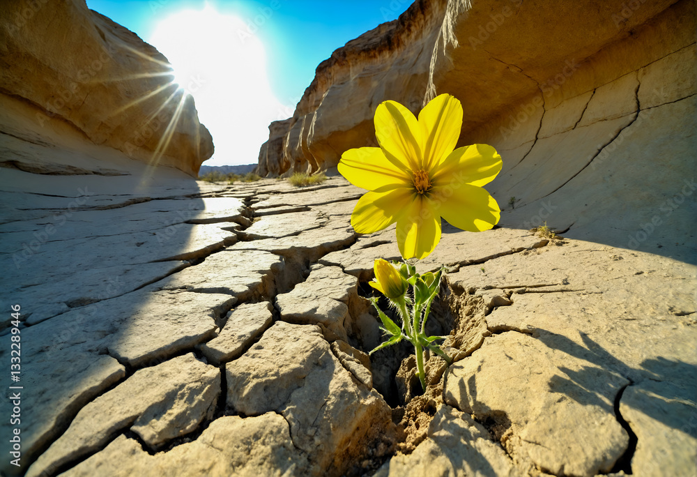 Lonely yellow flower growing on dried cracked soil. Climate change. Generative