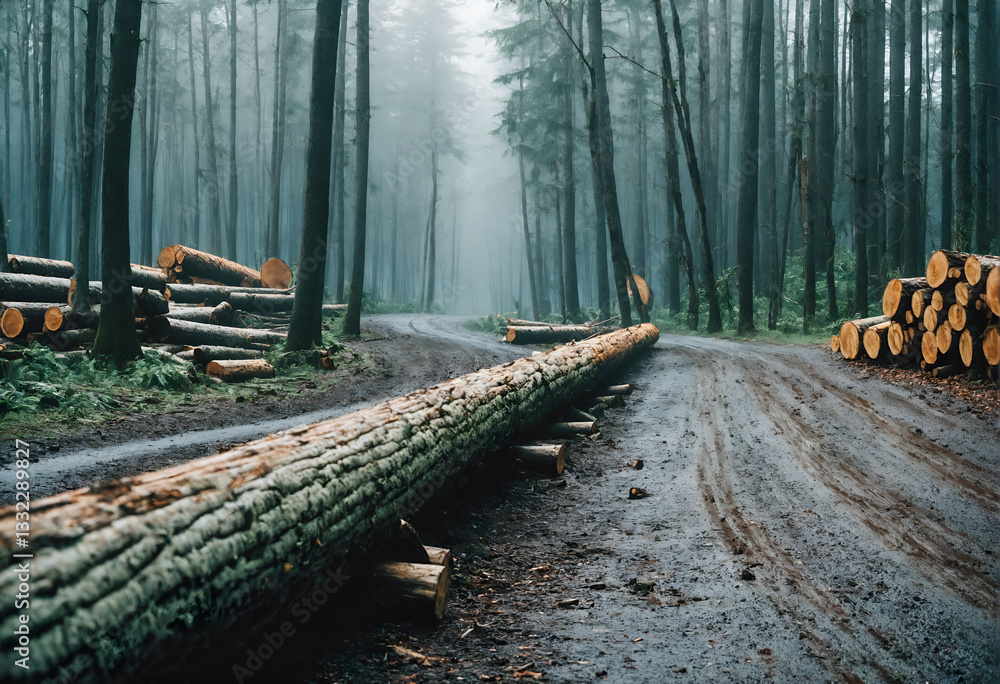 Trees chopped and stacked in forest. Deforestation