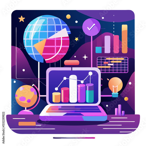 Brightly colored predictive analytics charts display trends and insights on a digital laptop. The illustrations highlight data visualization in a futuristic environment with global elements