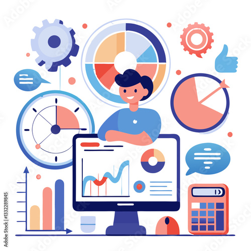 At a digital workspace, a person interacts with a computer displaying graphs, charts, and icons representing predictive modeling tools for analyzing future trends