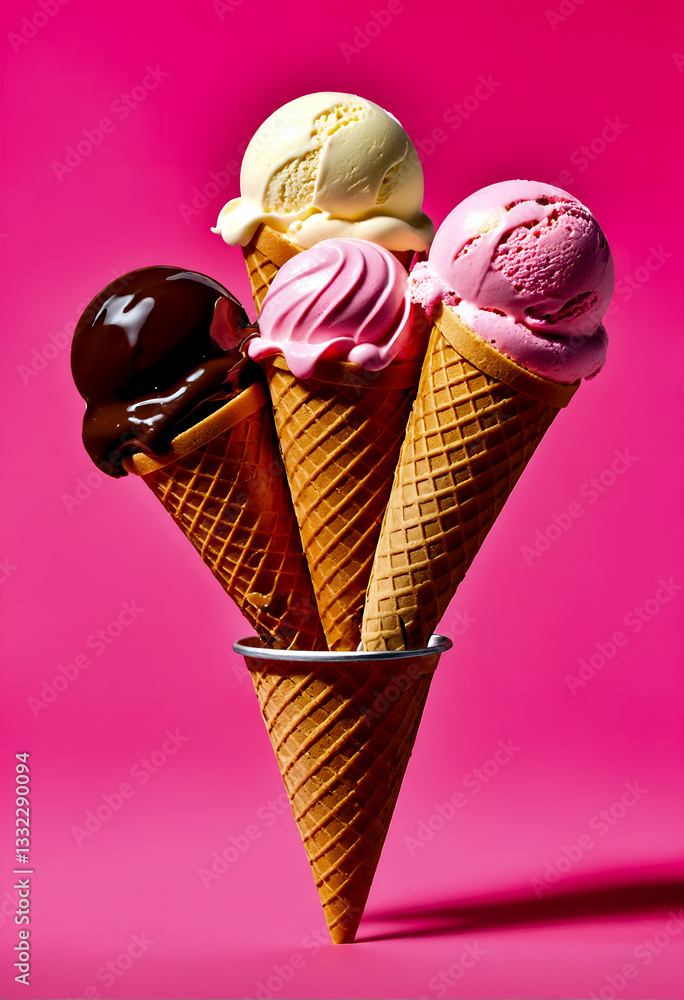 Various ice cream cones on pink background