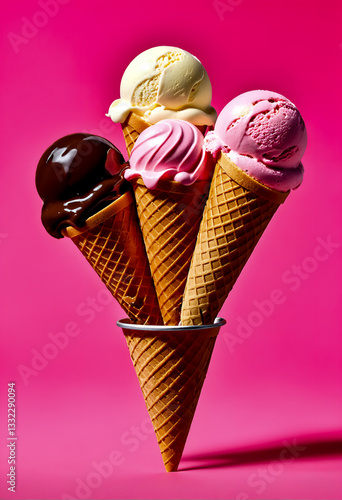 Obraz na płótnie Various ice cream cones on pink background w salonie